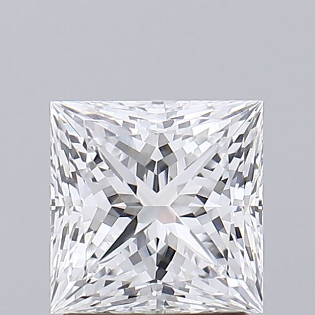 1.87 A close-up of a square-shaped, intricately cut, transparent diamond with sharp edges and symmetrical facets, set against a plain gray background.