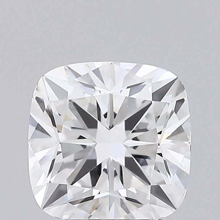 1.91 A brilliant, cushion-cut diamond showcasing a clear sparkle and intricate facets, against a soft gray background.