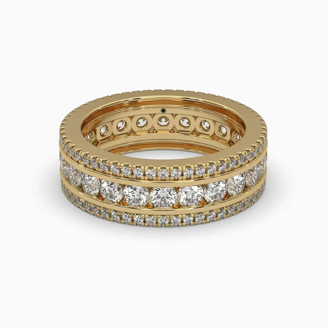 14k yellow gold unisex band with channel set round lab grown diamonds totaling 3 carats in an elegant eternity style
