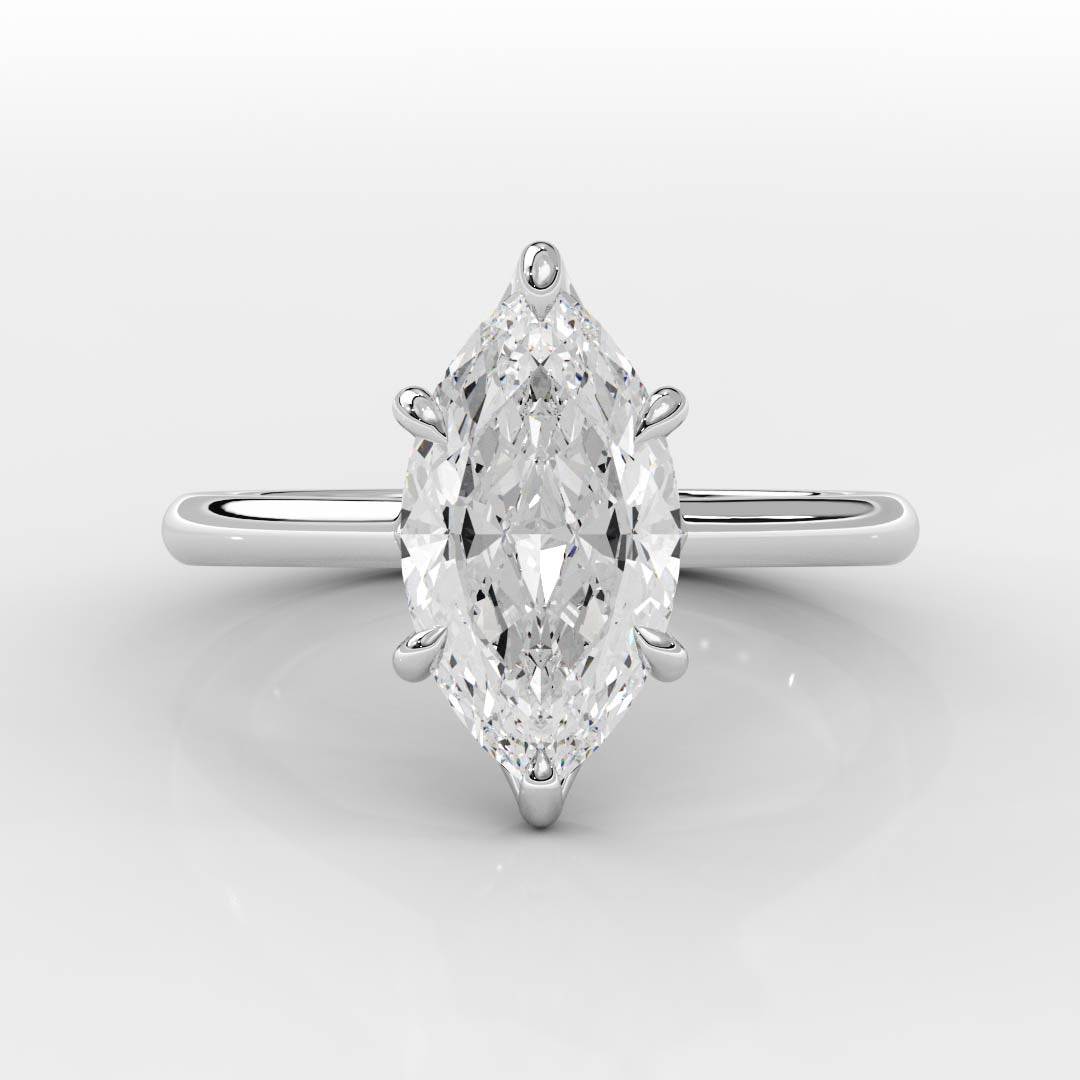 Tapered Cathedral Setting engagement ring with marquise diamond and sleek polished band