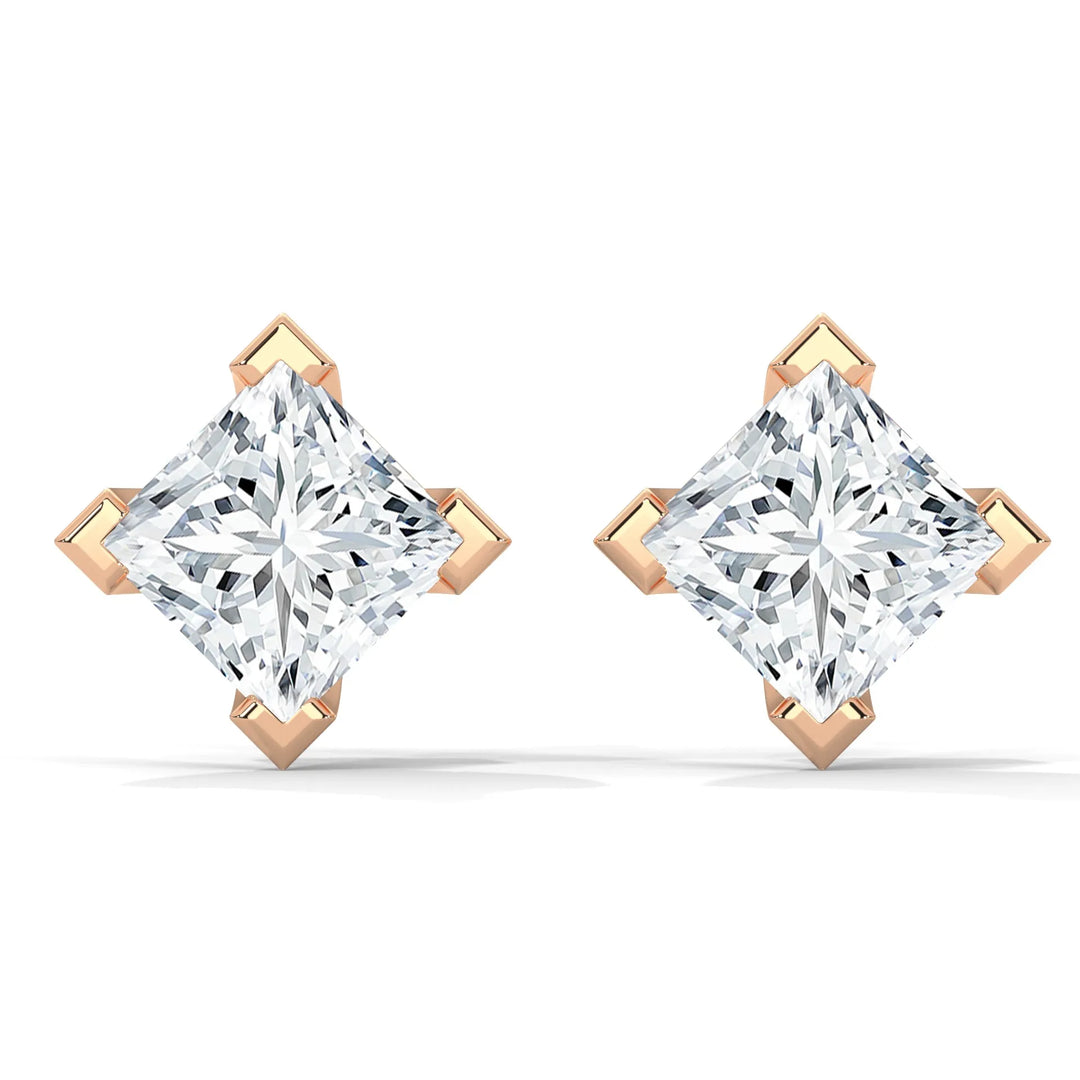 Princess Lab Grown Diamond Earrings | Push Back Studs| 14k Gold