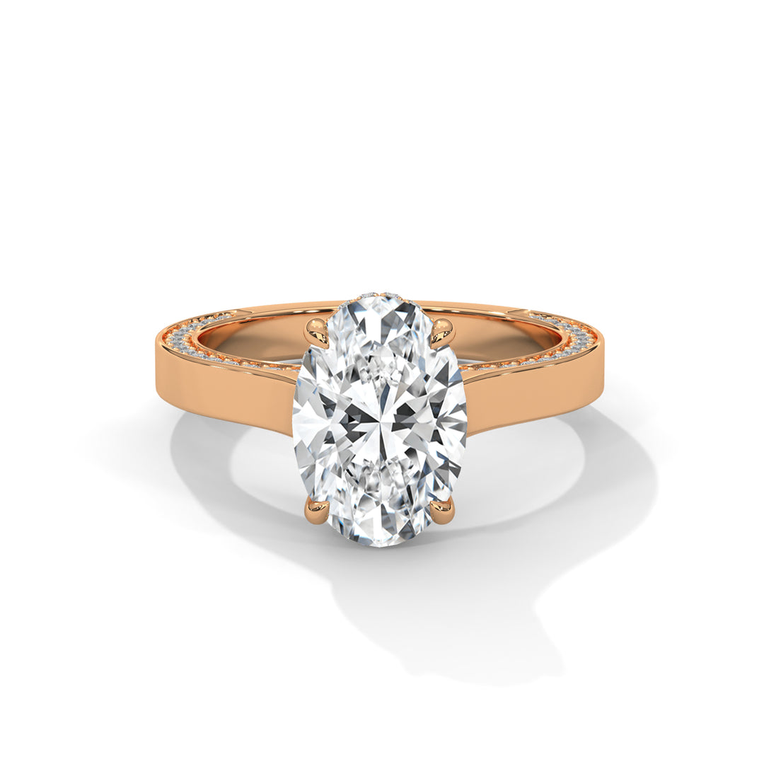 Rose gold ring with a large diamond on a white background