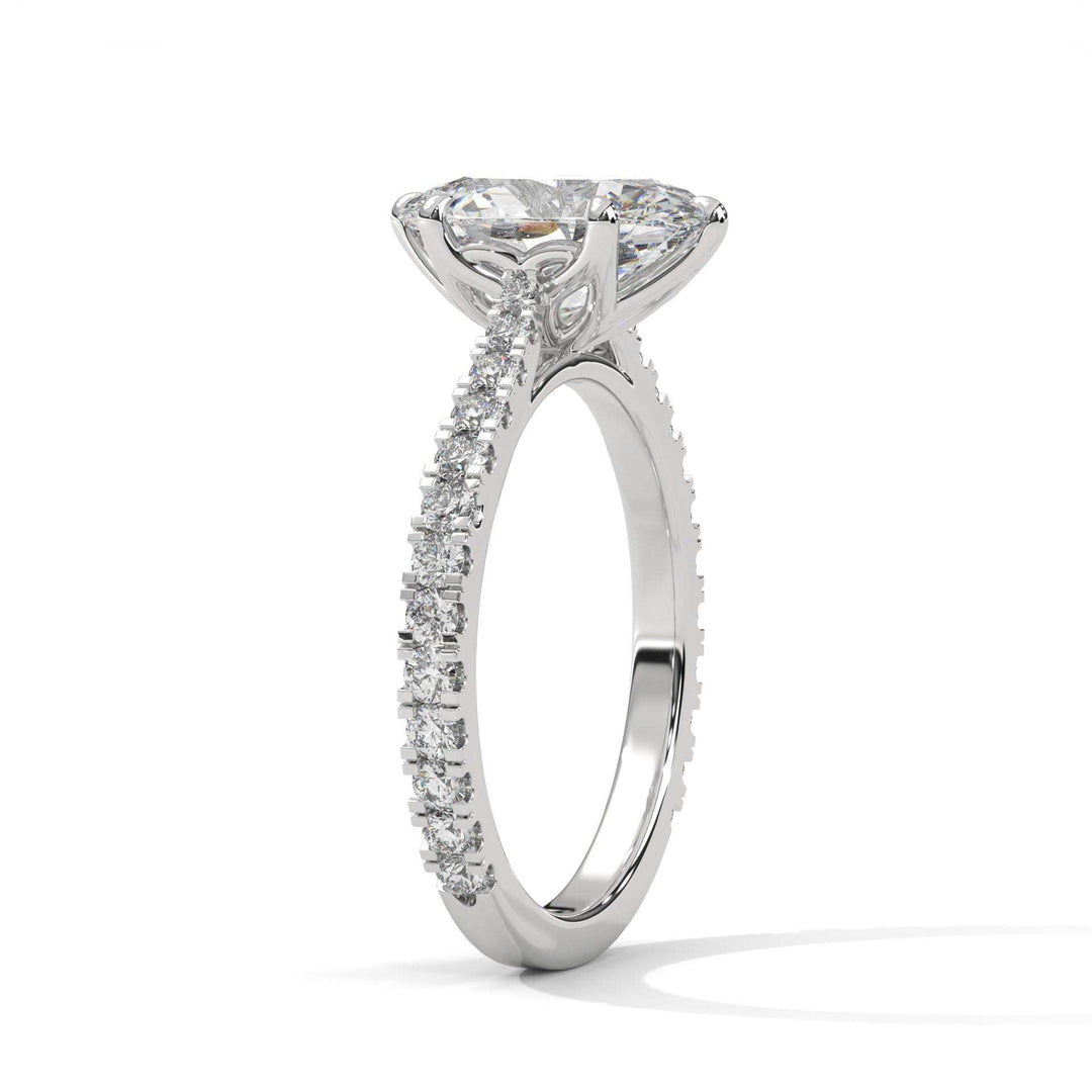 Étoile Tulip Setting engagement ring with tulip-inspired gallery and pavé-set diamond band in polished white gold