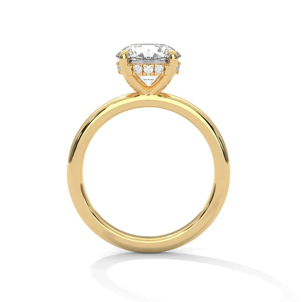 Side view of The Venetian Hidden Halo Setting gold engagement ring with a prominent center diamond and a discreet hidden halo of smaller diamonds beneath the main stone