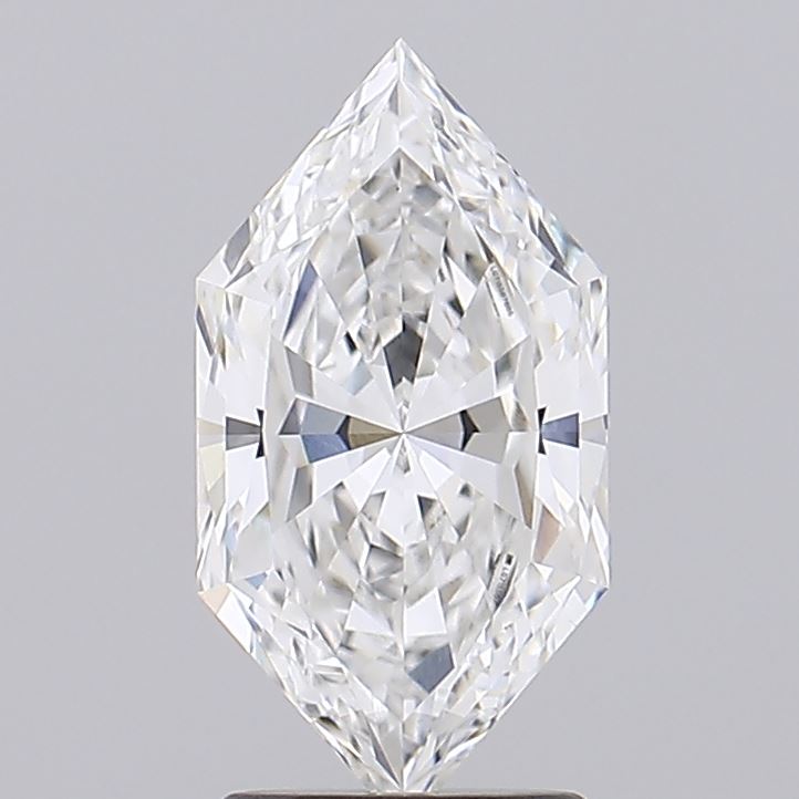 2.01 A brilliant, marquise-cut diamond with sharp facets reflects light, creating a kaleidoscope effect. The gem is set against a plain, light gray background.
