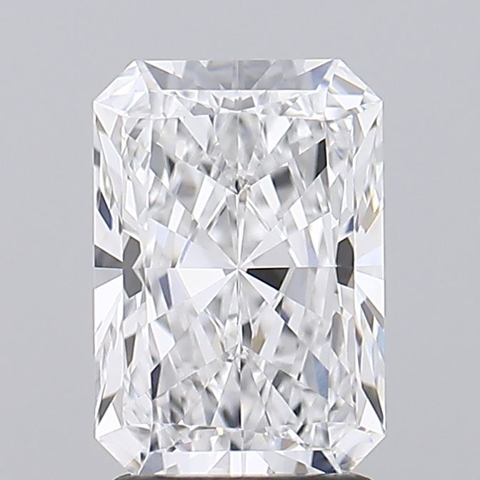 2.01 A dazzling, rectangular cut diamond with brilliant facets reflecting light, set against a soft gray backdrop.