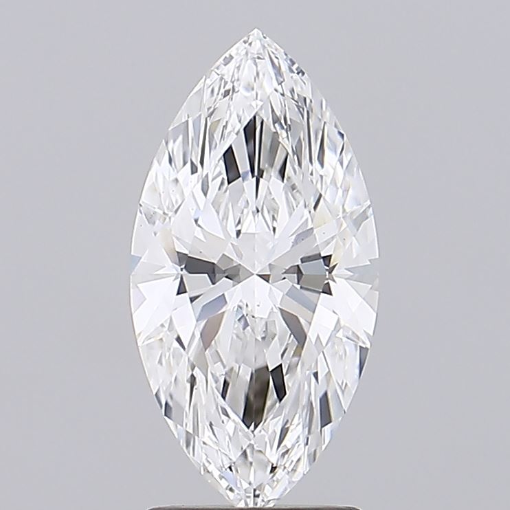 2.01 A marquise-cut diamond with sharp facets sparkles against a plain gray background. The gem is elegant and symmetrical, showcasing brilliance and clarity.