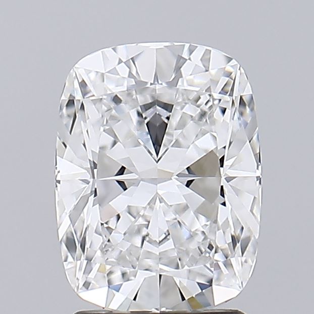 2.02 A dazzling cushion-cut diamond is beautifully centered, showcasing intricate facets that reflect light, creating a sparkling pattern against a plain background.