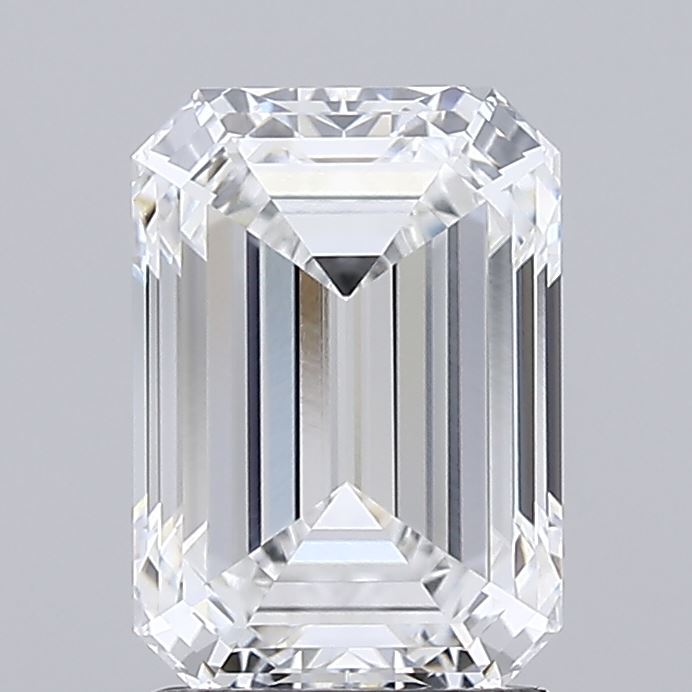 2.02 A stunning, clear emerald-cut diamond showcasing intricate facets and brilliance, set against a neutral gray background.