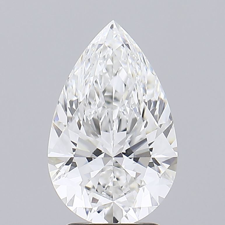 2.03 Close-up of a sparkling pear-shaped diamond, showcasing its facets and brilliance against a soft gray background.