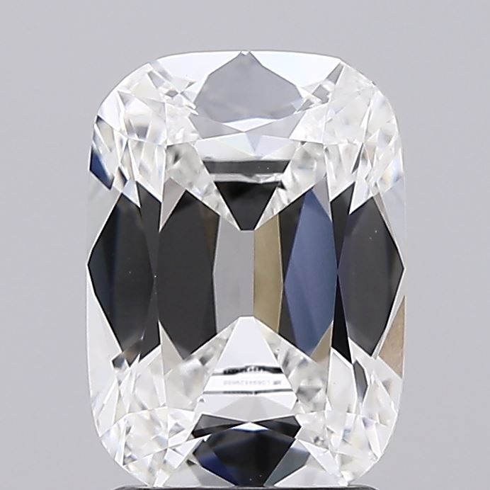 2.03 Cushion-cut diamond with a brilliant, clear surface reflecting light in various colors. The backdrop is a plain grey, highlighting the diamond's facets.