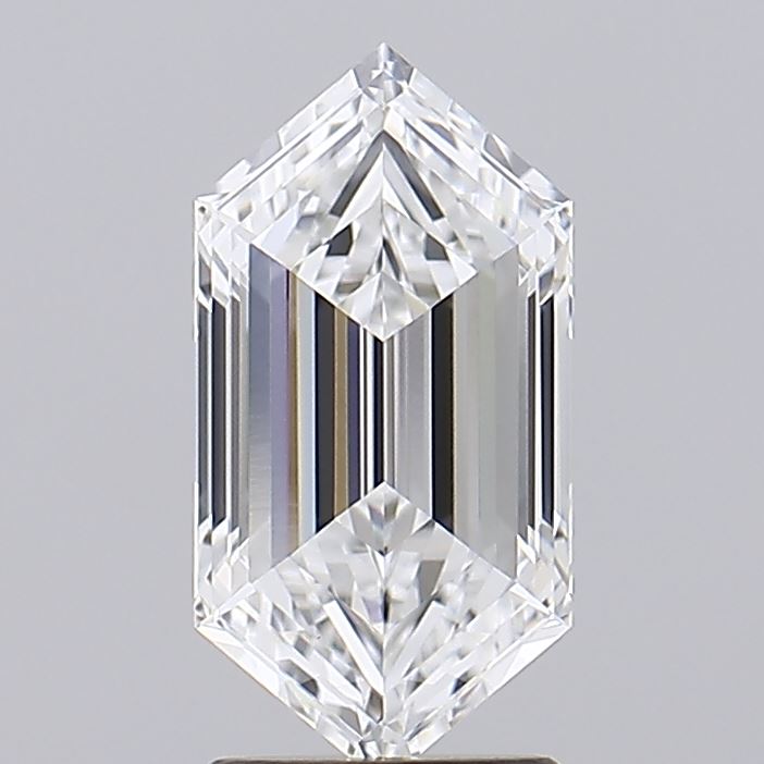 2.04 A brilliant, faceted diamond in an elongated hexagonal shape, reflecting light with sharp facets and clarity.