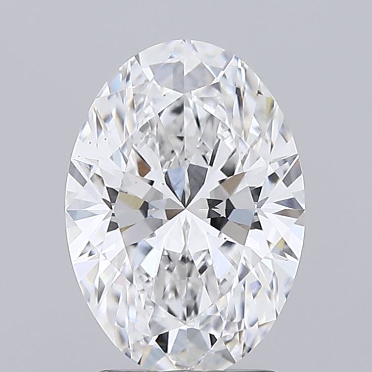 2.04 Oval-cut diamond against a light gray background, displaying brilliant facets and sparkling reflections, conveying elegance and luxury.