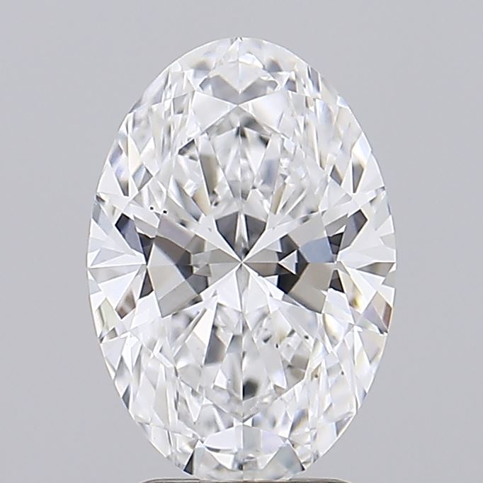 2.04 Oval-cut diamond with brilliant facets reflecting light on a plain gray background. The gemstone appears elegant and sparkling, conveying luxury.
