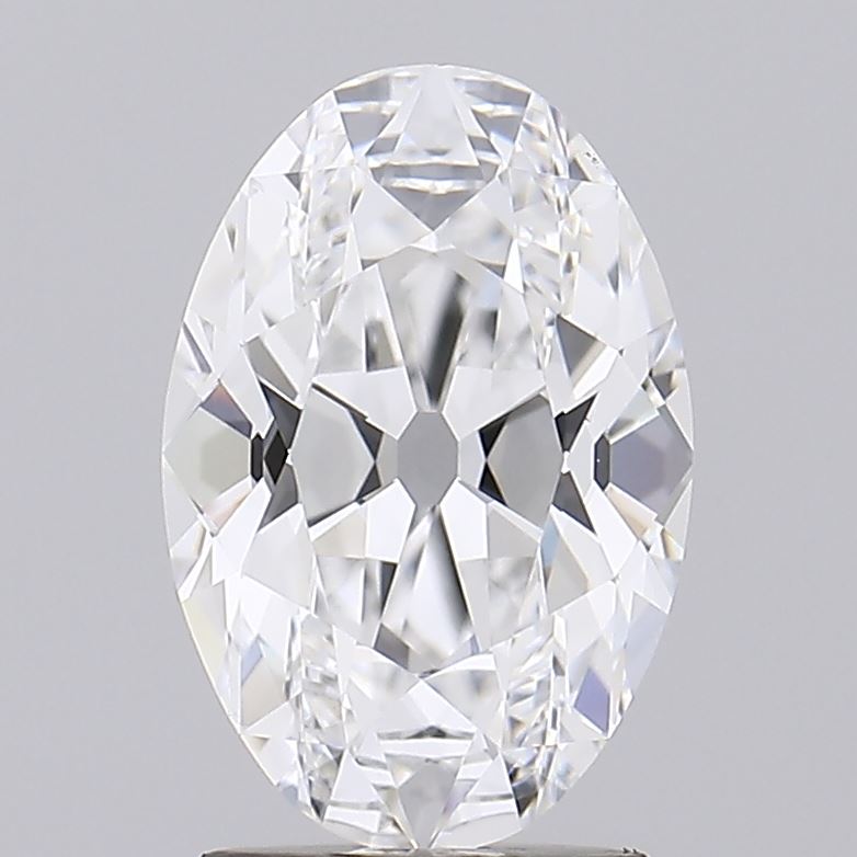 2.04 Oval-shaped diamond with intricate facets, gleaming brilliantly against a soft gray background. The sparkling gem conveys elegance and luxury.