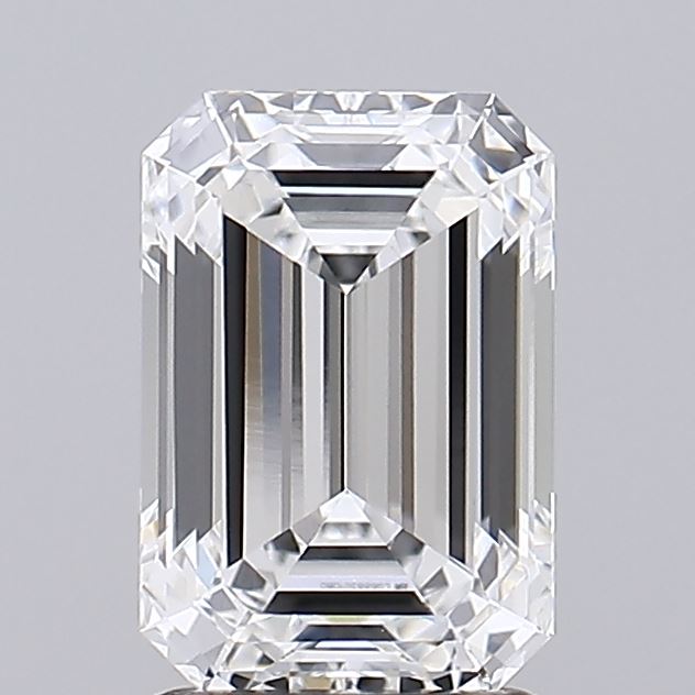 2.04 A radiant, clear emerald-cut diamond showcasing precision facets and remarkable brilliance against a soft gray background.