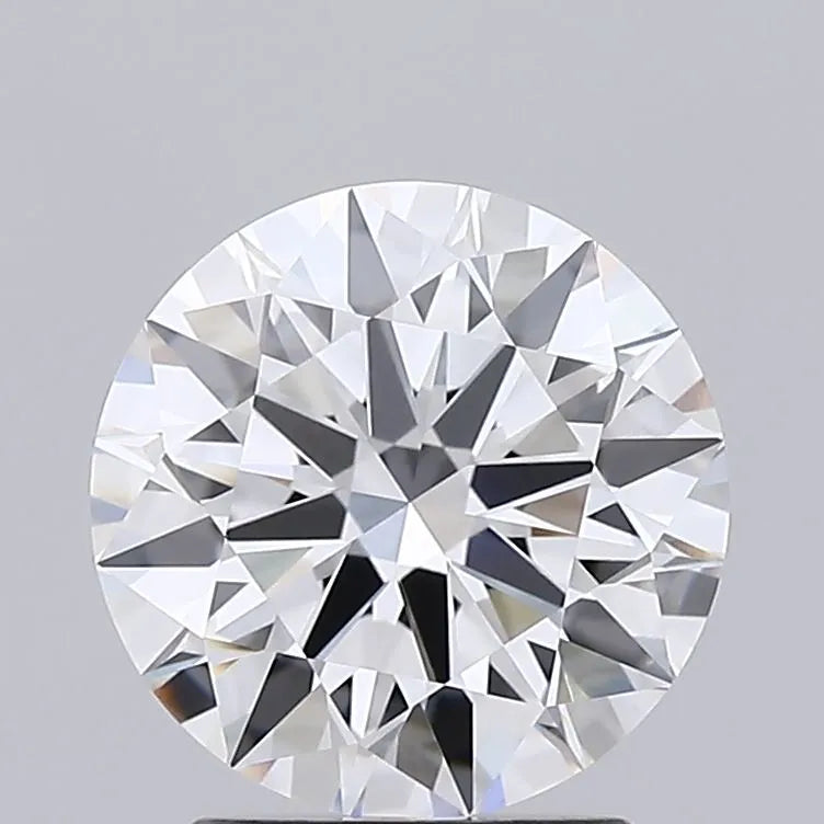 2.04 Round cut diamond with multifaceted surface on a grey background.