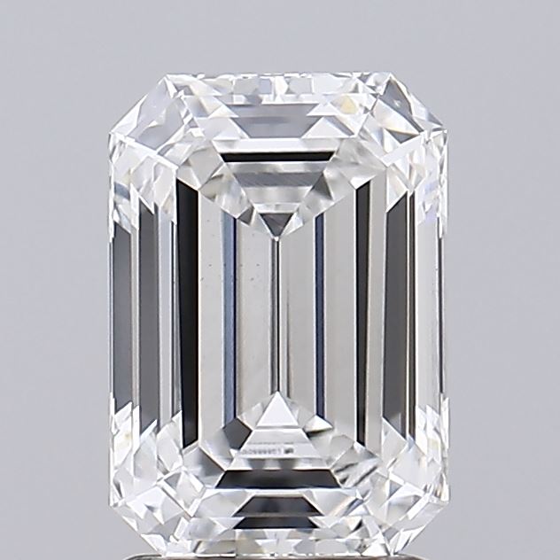 2.04 A stunning, transparent emerald-cut diamond with intricate facets, reflecting light elegantly against a neutral background.