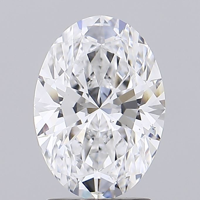 2.05 An oval-shaped, brilliant-cut diamond reflecting light, showcasing exceptional clarity and sparkling facets against a gray background.