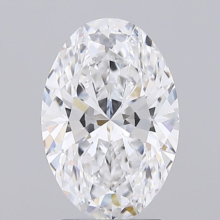 2.06 A brilliantly cut oval diamond, showcasing intricate facets that reflect light, presented against a neutral gray background.