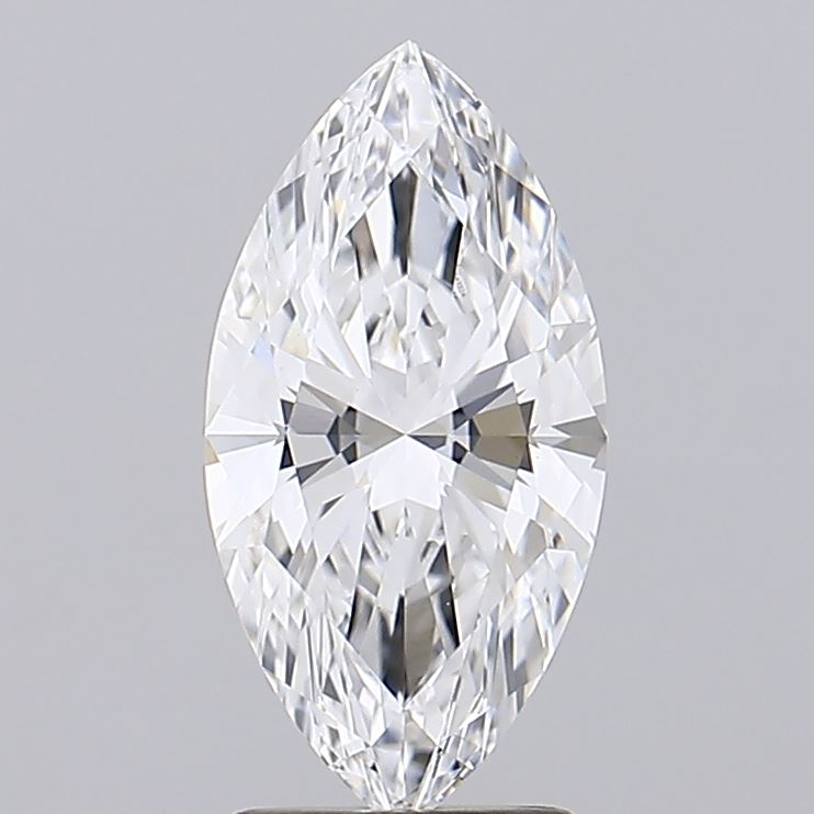 2.06 A marquise-cut diamond with sharp facets reflects light, creating a dazzling sparkle. The gem is set against a plain gray background, emphasizing its brilliance.