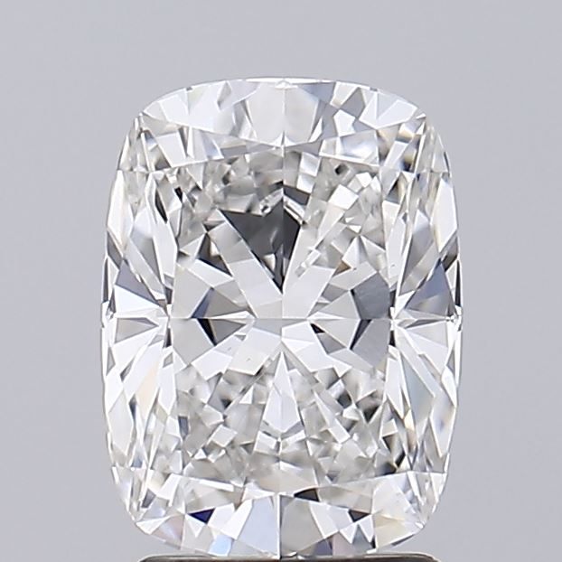 2.06 A sparkling, cushion-cut diamond with intricate facets reflecting light, set against a plain gray background, conveying elegance and brilliance.