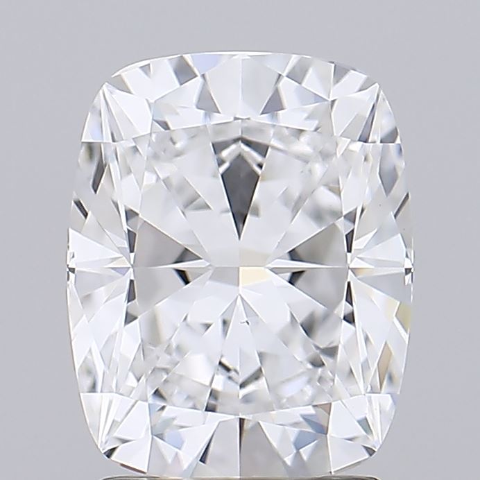 2.06 A sparkling, cushion-cut diamond with multiple facets, reflecting light and showcasing clarity against a gray background.