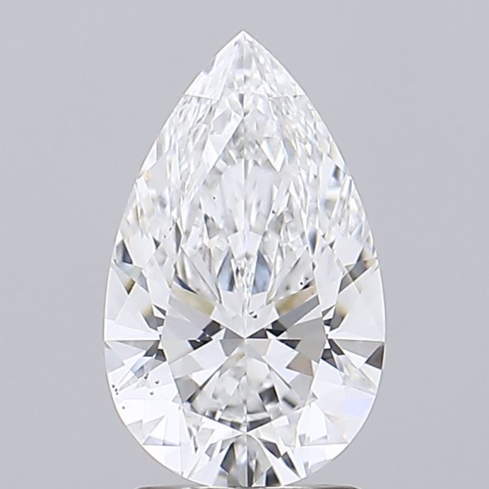 2.06 A sparkling pear-shaped diamond with intricate facets, reflecting light brilliantly against a soft gray background.