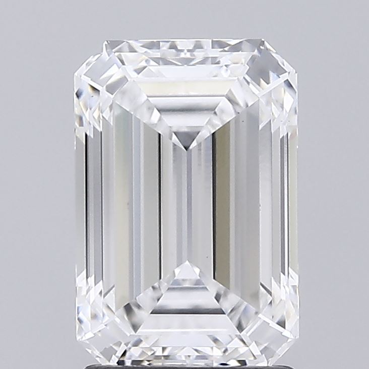 2.06 A stunning, clear emerald-cut diamond with multiple facets reflecting light, set against a soft gray background.