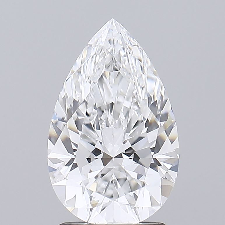 2.07 A brilliant, pear-shaped diamond with intricate facets sparkles against a plain gray background, conveying elegance and luxury.