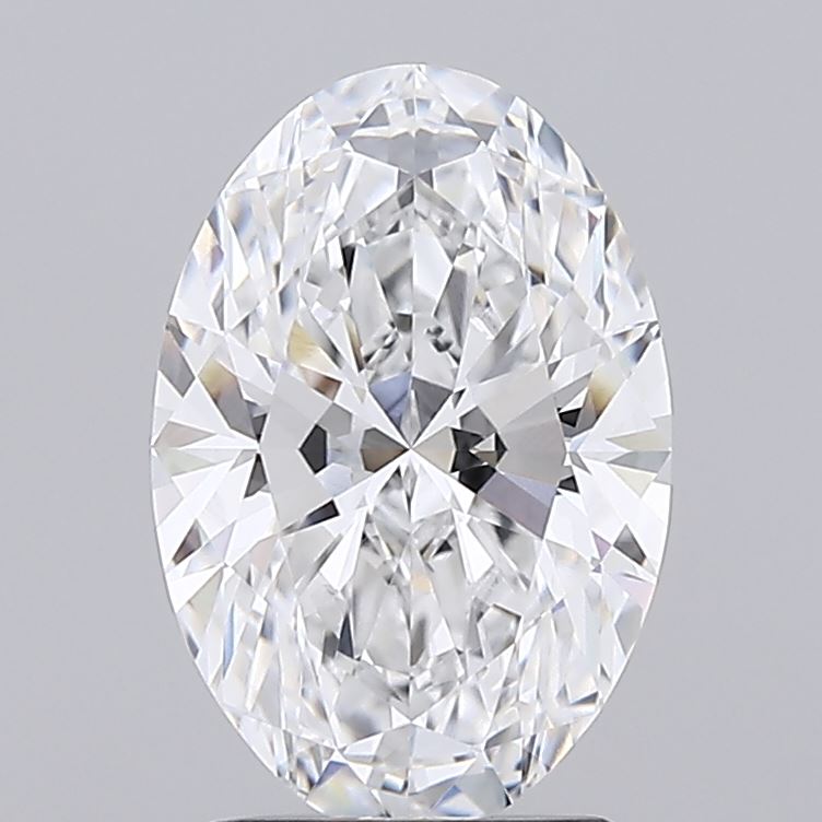 2.07 Oval-cut diamond with intricate facets reflecting light, creating a sparkling effect against a gray background. The stone exudes elegance and luxury.