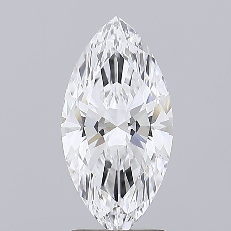 2.08 Marquise-cut diamond with sharp, symmetric facets, reflecting light brilliantly. Set against a neutral gray background, it conveys elegance and luxury.