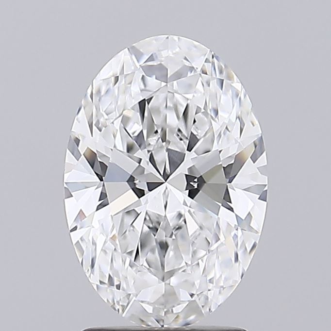 2.08 Oval-cut diamond with brilliant facets, reflecting light in a kaleidoscope of colors against a neutral background. Sparkling and elegant.