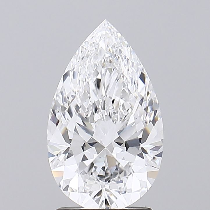 2.08 A pear-shaped, faceted diamond with dazzling reflections is set against a neutral gray background, conveying elegance and luxury.
