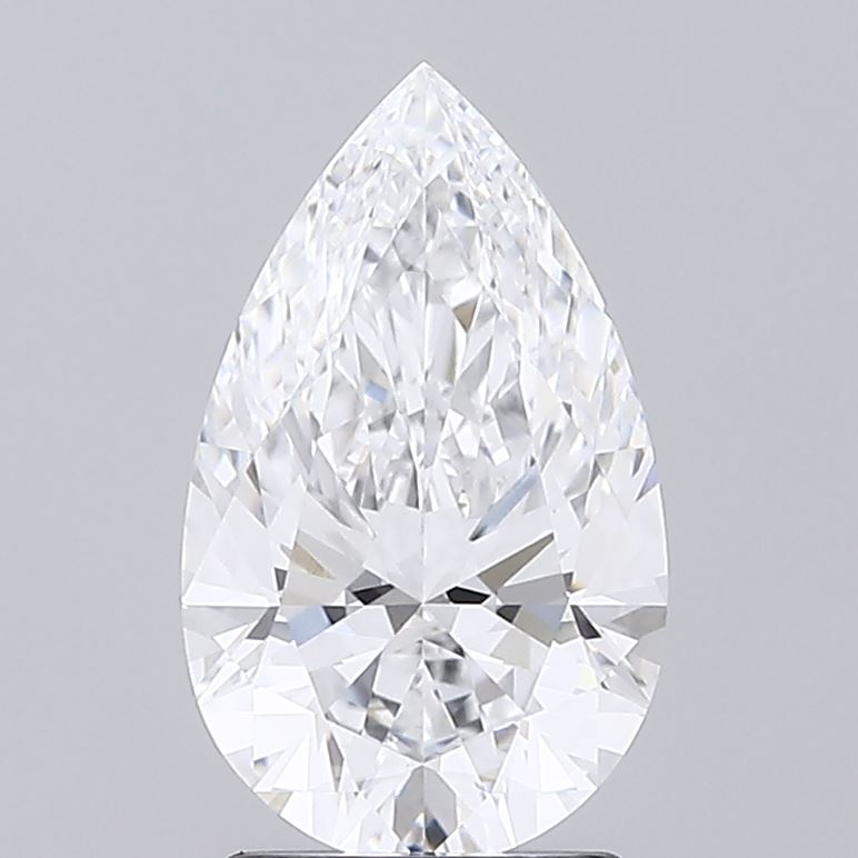 2.08 A pear shaped faceted sparkling diamond against a light grey background.