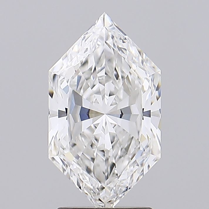 2.08 A radiant-cut diamond displayed upright against a light gray backdrop. The diamond's facets create a shimmering pattern, conveying elegance and brilliance.