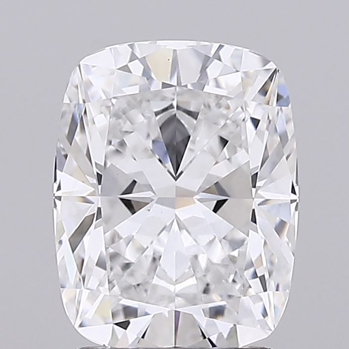 2.09 Cushion-cut diamond with intricate faceting, reflecting light in geometric patterns on a neutral background, conveying elegance and luxury.