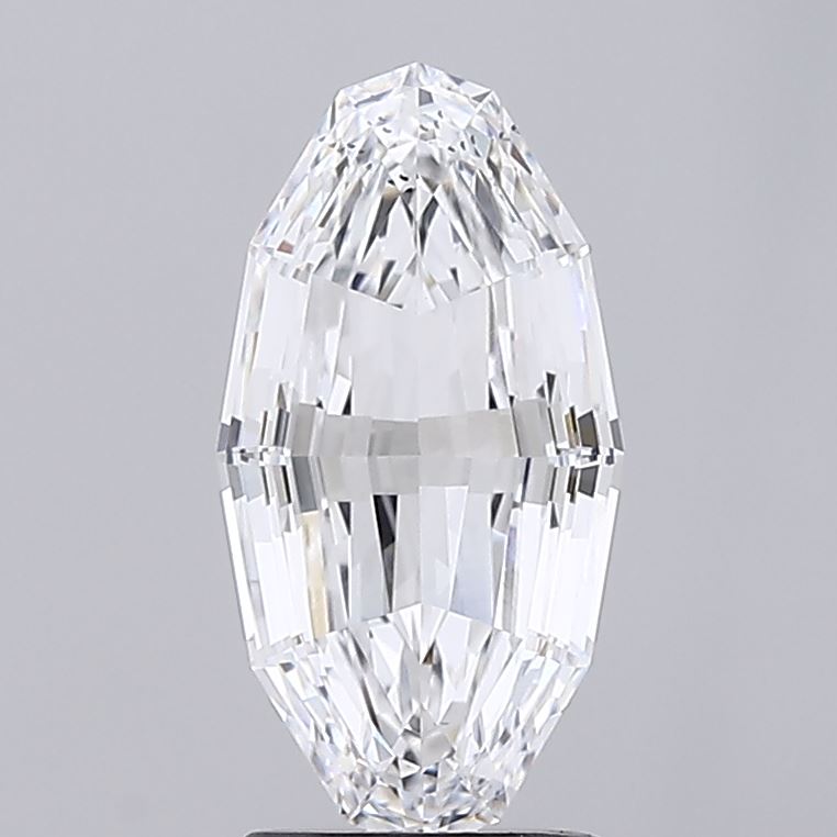 2.09 A faceted, elongated hexagonal diamond against a plain gray background. The gem sparkles with clear precision, exuding elegance and luxury.