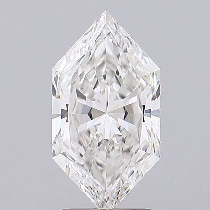 2.09 A radiant-cut diamond with a symmetrical, kite-like shape set against a neutral gray background. It displays intricate facets and a brilliant sparkle.