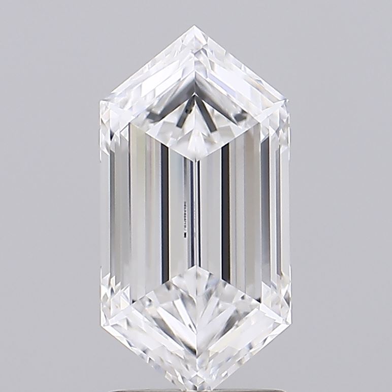 2.09 A sparkling, faceted crystal in a hexagonal shape, reflecting light with a clear and brilliant surface against a soft gray background.