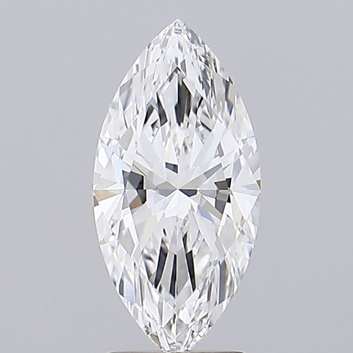 2.2 A marquise-cut diamond with brilliant facets is displayed vertically against a plain gray background, showcasing its elegance and clarity.