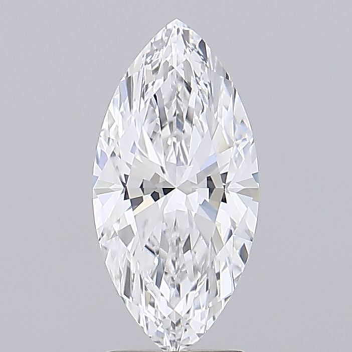 2.21 A marquise-cut diamond with sharp, symmetrical facets, reflecting light brilliantly. The gemstone is set against a plain gray background, exuding elegance.