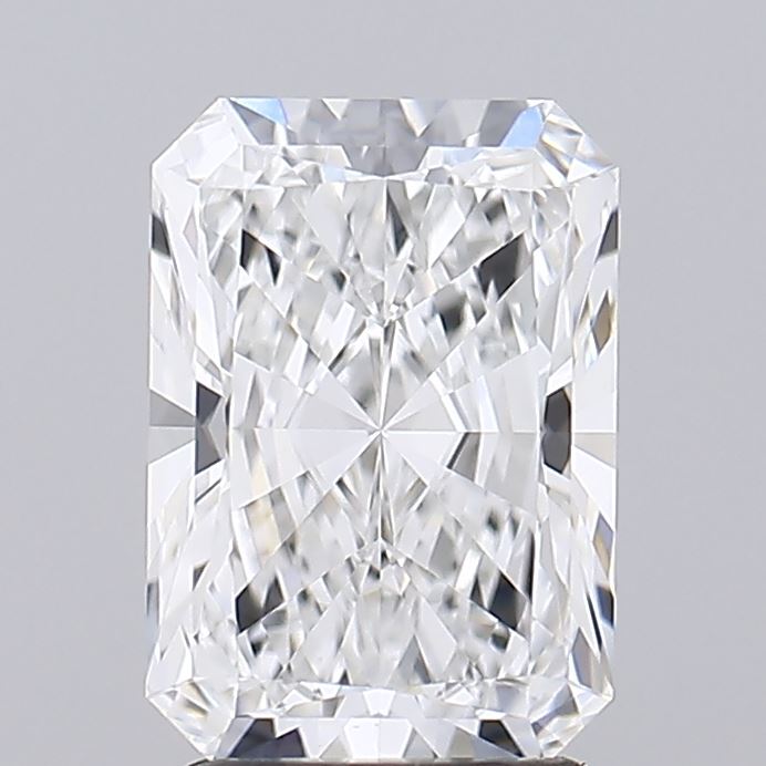 2.22 A radiant-cut diamond with brilliant facets is shown against a plain gray background, reflecting light to create a sparkling, luxurious effect.
