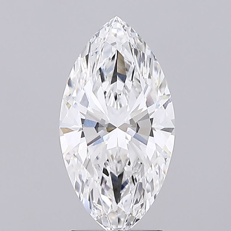 2.25 Marquise-cut diamond on a gray background, displaying sharp facets and sparkling reflections. The gem's symmetrical shape conveys elegance and luxury.