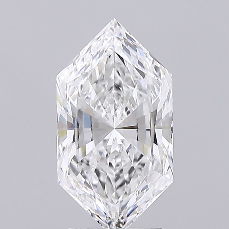 2.3 A clear, intricately faceted kite-shaped diamond set against a light gray background, showcasing its brilliance, symmetry, and sparkling reflections.