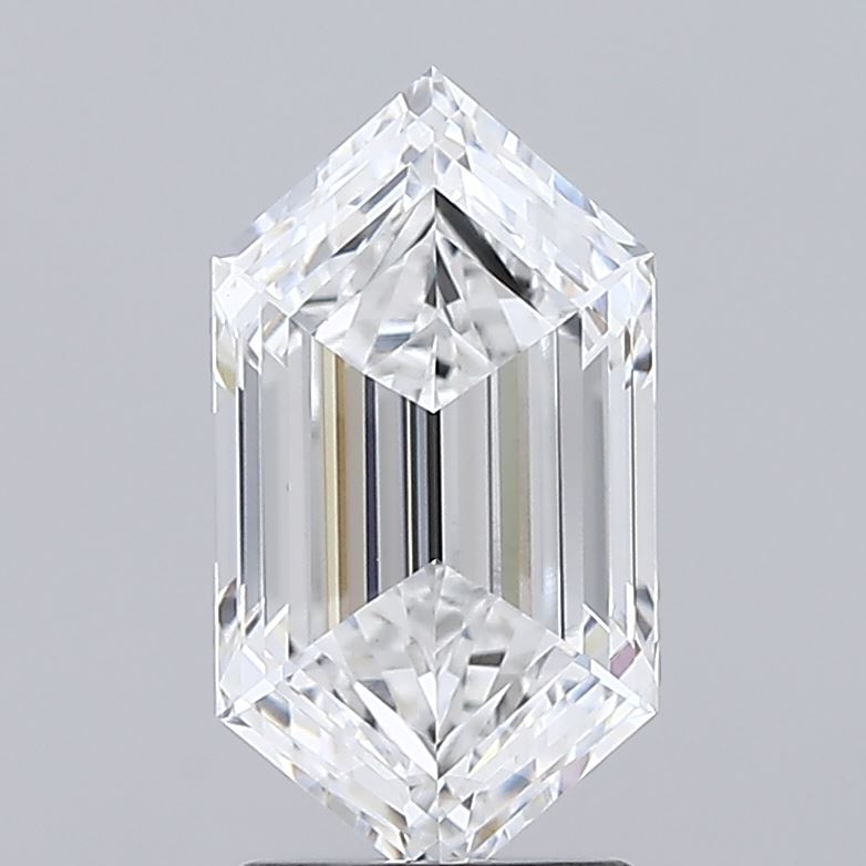 2.3 A radiant-cut diamond with a symmetrical hexagonal shape. It reflects light brilliantly, showcasing clear facets against a plain gray background.