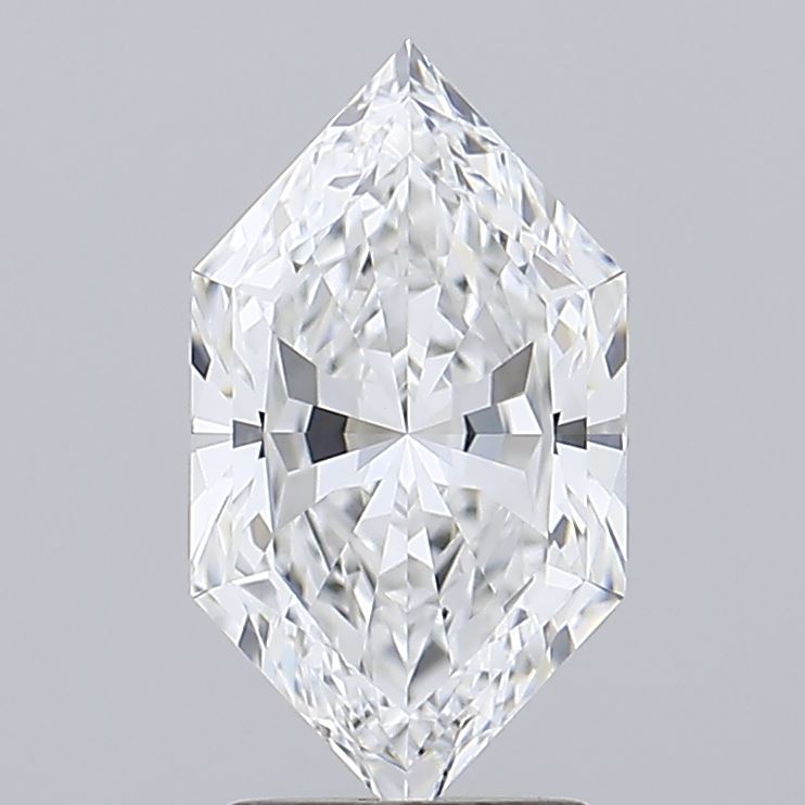 2.31 A radiant-cut diamond with sharp edges and intricate facets, reflecting light brilliantly, set against a plain gray background, exuding elegance and luxury.