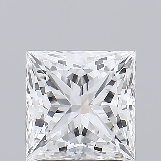 2.36 A close-up of a sparkling, square-shaped diamond with intricate facets, creating a kaleidoscopic effect. The background is a plain, soft gray.