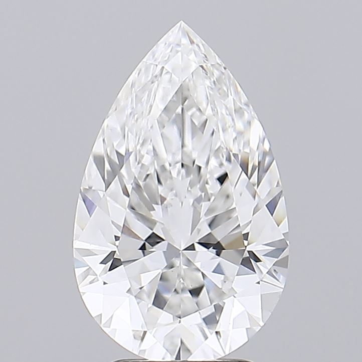 2.5 A dazzling, pear-shaped diamond with intricate facets is set against a plain gray background. The gemstone sparkles and exhibits exceptional clarity.