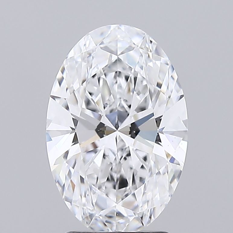 2.5 Oval-shaped diamond with intricate facets on a gray background, reflecting light to create a sparkling effect, conveying elegance and luxury.